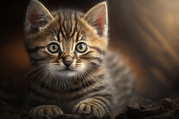 Cat, little striped kitten with focused gaze on hazy background. Generative AI