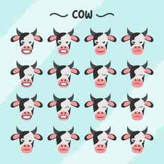 Collection of cow facial expressions in flat design style