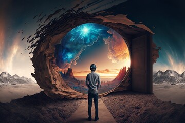 Man wearing VR glasses virtual Global Internet connection metaverse with a new experience in metaverse virtual world created by generative AI