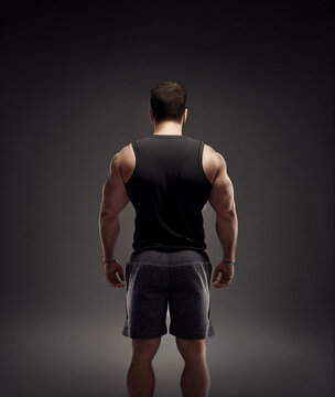 Gym concept, young handsome man with muscular body in training. A back that had a strong training session and lifted weights. Dark background. Illustration. Generative AI.
