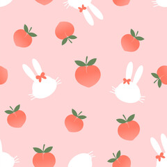 Seamless pattern of pink peach fruit with green leaves and rabbit cartoons on pink background vector.