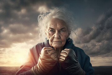 AI generated old woman boxing, dynamic pose - obrazy, fototapety, plakaty