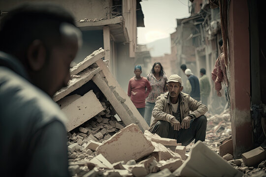 AI generated People on the ruins of buildings destroyed by an earthquake or other natural disaster or cataclysm