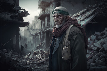 Obraz premium AI generated People on the ruins of buildings destroyed by an earthquake or other natural disaster or cataclysm