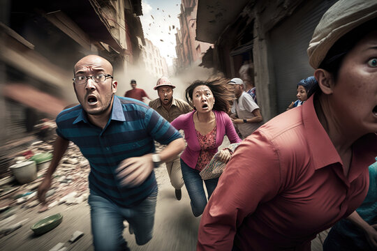 AI generated a frightened crowd of people run from an earthquake or some kind of disaster