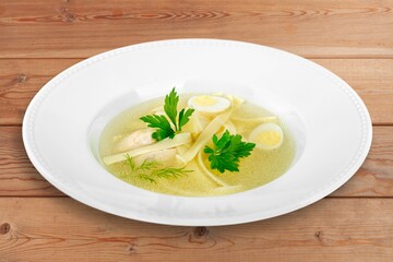 Delicious hot soup dish in plate