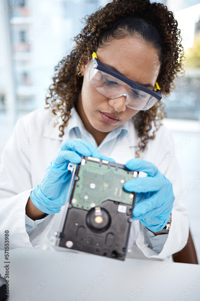 Poster computer hardware, inspection and black woman electrician with electronic cpu, circuit and microchip