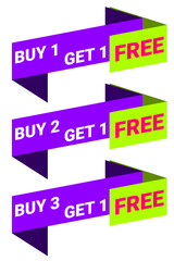 Buy 1 Get 1 Free and Buy 2 Get 1 Free  and Buy 3 Get 1 Free - three different discount tag. Vector illustration EPS 10 File.