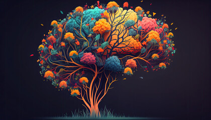Brain-shaped tree ,self-care and mental health concepts, positive thinking, creative mind, generative AI
