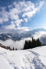 Obraz premium Cloudy weather. Mountain snow peaks in the clouds. Misty Mountains