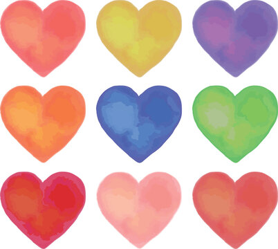 水彩画風のハートのセット｜いろいろな色