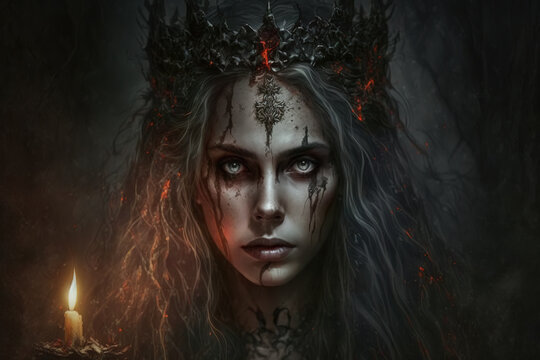Witch in the forest night halloween. Woman on dark background with candle. Negative. Halloween. Generative AI.