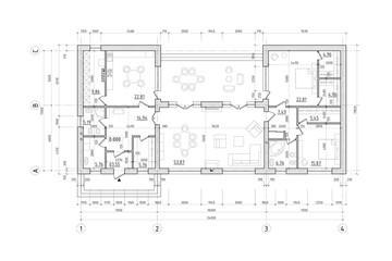 Architectural plan of a one-story manor house with a large terrace. The layout of an individual one-story house with two bedrooms, a kitchen, a living room, two bathrooms, dressing rooms, storage room