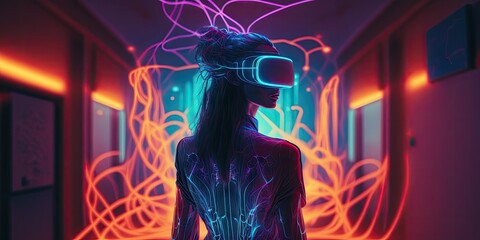 Digital technology, cyberspace, virtual reality, and a futuristic way of living all refer to the Metaverse. augmented reality game with neon blur lines and a woman. Generative AI
