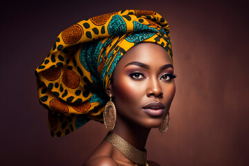 Beautiful young woman wearing traditional African head wrap on brown background. Generated AI