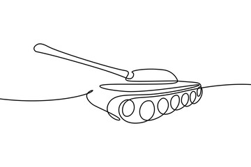 Military tank in continuous line art drawing style. Abstract tank vehicle black linear sketch isolated on white background. Vector illustration
