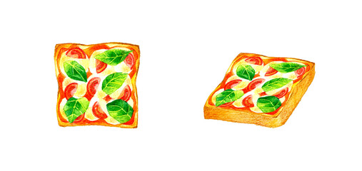 プチトマトとバジルのマルゲリータ風ピザトースト　料理・カフェメニューの手描き水彩イラスト素材