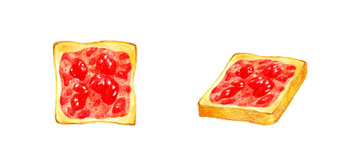 イチゴジャムを塗った食パン（トースト）　料理・カフェメニューの手描き水彩イラスト素材