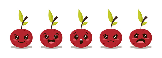 Cute cherry emoticon set. Funny fruit emoji collection. Happy cartoon cherry. Healthy vegetarian food character