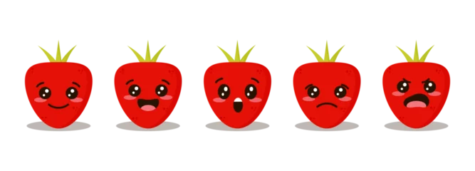 Fotobehang Cute strawberry emoticon set. Funny fruit emoji collection. Happy cartoon strawberry. Healthy vegetarian food character © Марина Кузуб