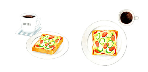 白い皿に乗ったピザトーストとコーヒー　料理・カフェメニューの手描き水彩イラスト素材