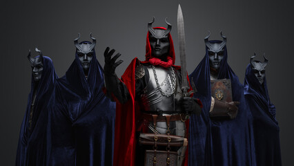 Portrait of four members of dark cult and their leader with sword. - obrazy, fototapety, plakaty