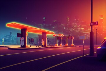 Obraz na płótnie Canvas Electric car charging at a gas station in the city, industrial landscape, neon elements, healthy environment without harmful emissions. Eco concept. generative AI