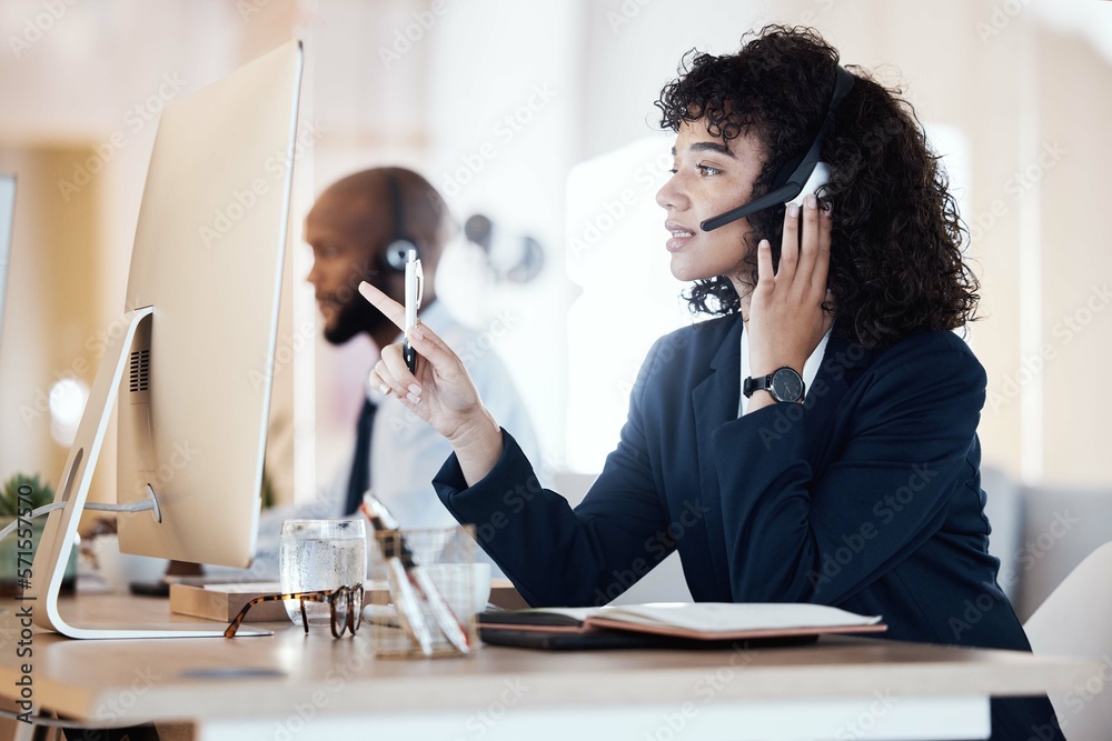 Poster crm, black woman and conversation of a call center, contact us and telemarketing employee. business 