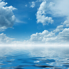Naklejka na ściany i meble Bright blue sky with clear white clouds. Ocean with sky reflection. Summer background.