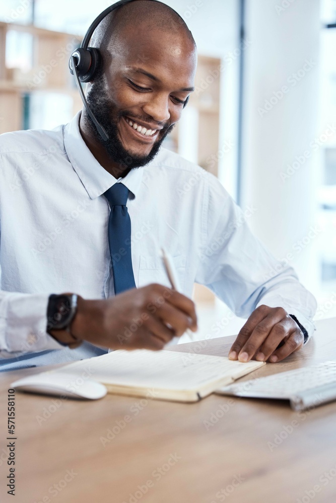 Poster customer service, consulting notebook and black man writing telemarketing summary for contact us crm