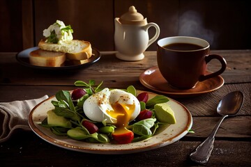 Healthy Breakfast with Bread Toast and Poached Egg with Avocado and Green Salad. Cup of coffee or tea in the morning.