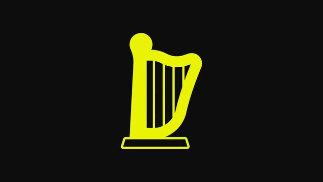 Yellow Harp icon isolated on black background. Classical music instrument, orhestra string acoustic element. 4K Video motion graphic animation