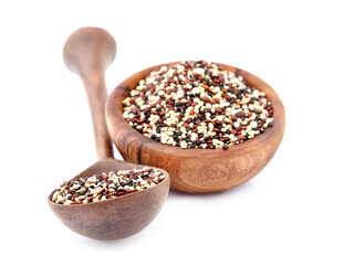 Quinoa in wooden bowl  on white  background