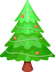Christmas Tree Decorated by Ball and Light. Merry Christmas and Happy New Year Vector Illustration