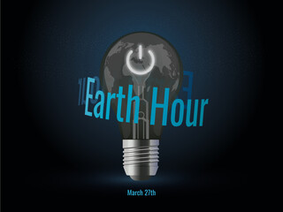 Earth hour, light bulb with off button on dark background and lettering around the bulb
March 27th