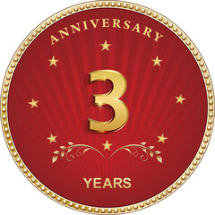 3 years anniversary logo design in golden circle on red background with stars for ceremonial event, wedding, greeting card and invitation. Vector illustration