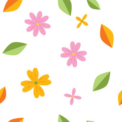 Seamless vector of a cute pattern, cute florals and leaves flying in the air, simple graphics, green and orange leaves, pink and orange flowers. Vector pattern on white background.