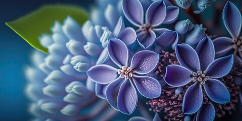 macro, close up, and blue background for lilac flowers. Generative AI
