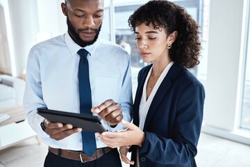 Office tablet, business collaboration or team review finance portfolio feedback, stock market database or investment. Financial economy, forex account manager or trader trading NFT, bitcoin or crypto