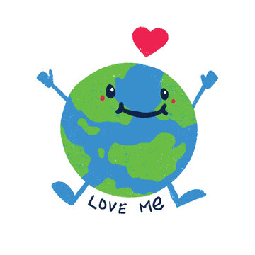 Cartoon cute earth character hugging hands with love. Save the earth concept vector illustration