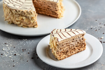 layer cake with caramel and nut. banner, menu, recipe place for text
