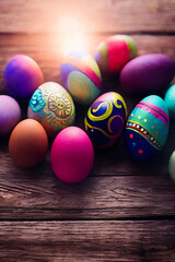 Fototapeta na wymiar Handmade painted colorful easter eggs decoration on wood table top view with empty space made with generative ai