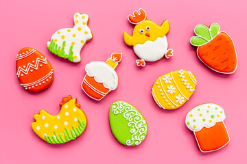 Easter Bunny cookies background with sugar sprinkles, top view