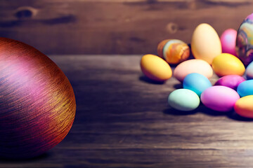 Handmade painted colorful easter eggs decoration on wood table top view with empty space made with generative ai