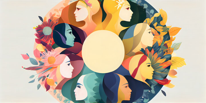 women standing in a colorful circle, representing unity and solidarity among women. Generative AI