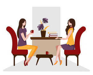Fototapeta premium The young woman and her best friend sat in a chair talking about the finished book.