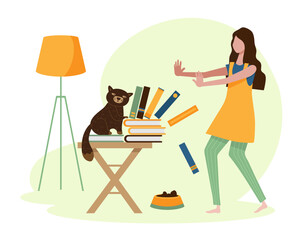 Fototapeta premium A young woman on vacation at home with her mischievous cat.