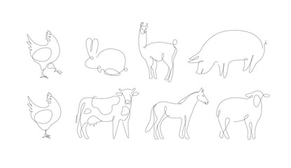 Household animals one line vector. Pets linear. Pig and chicken.  set of animals