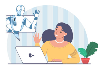 Woman using neural network flat cartoon vector