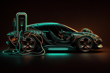 Modern design of an EV car with charging station. Generative AI. 